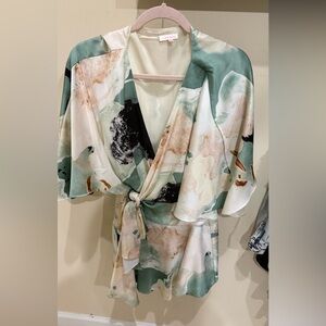 Luxxel Satin Wrap Dress in Cream and Green - this is a skort.